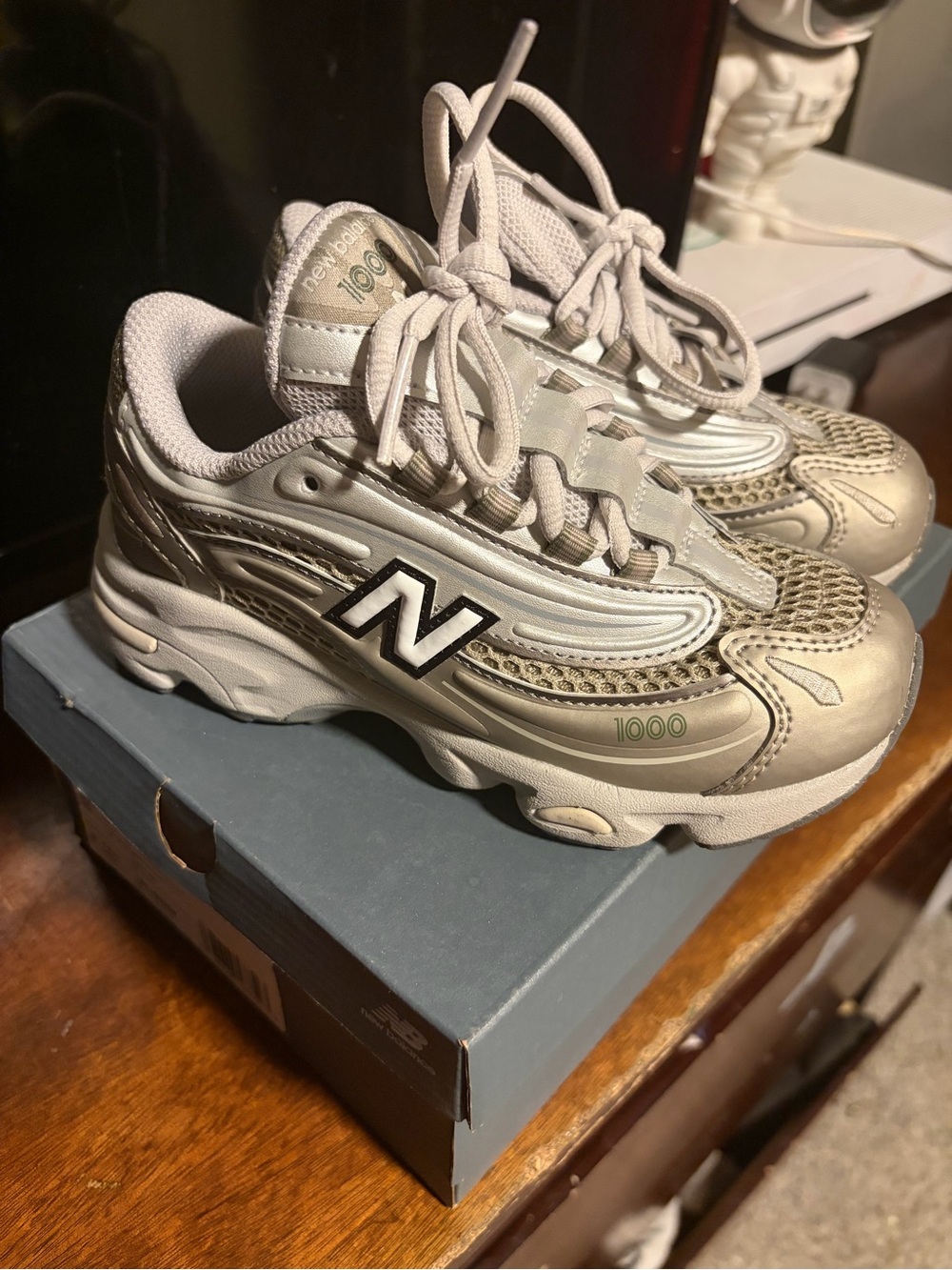 New Balance Kids 1000 Sneakers in Metallic Beige and White
